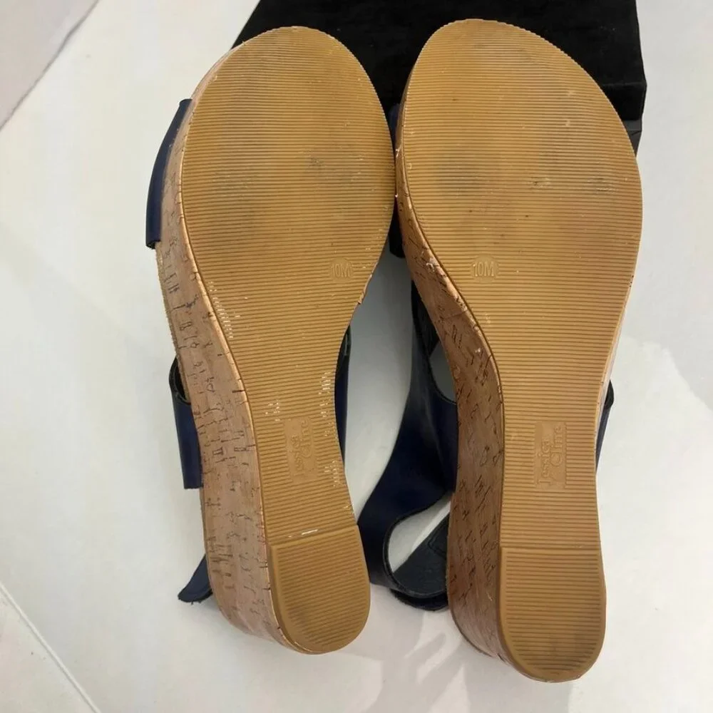 Jessica Cline Dreamer Wedge Slingback Sandals Navy Cork Print 10M